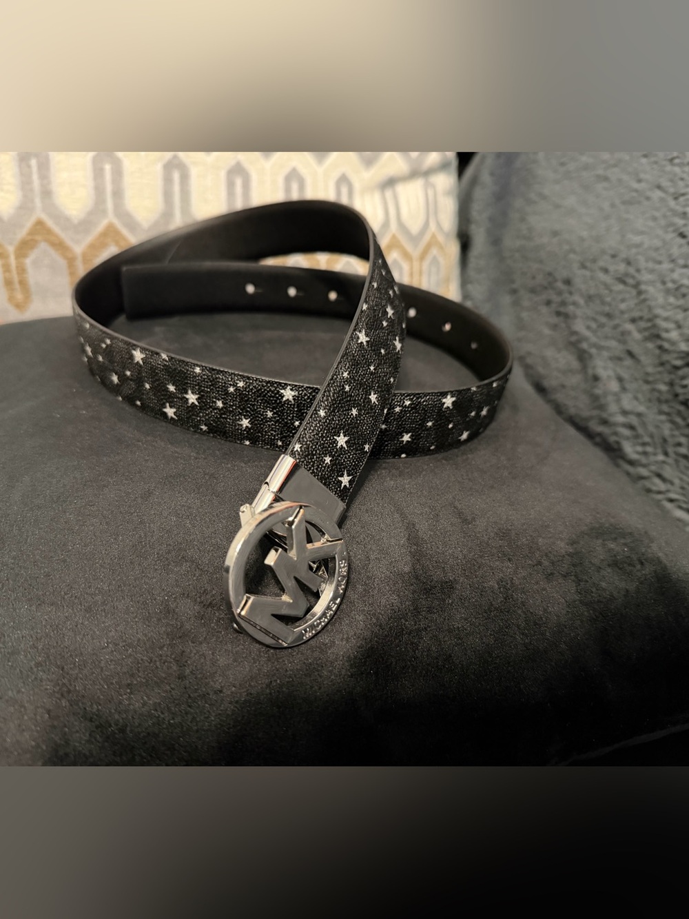 Michael Kors Black and silver Star-Print Belt with Silver Logo Buckle